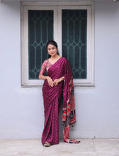 Wine Modal Saree with Silver Buttas with Ajrakh Pallu