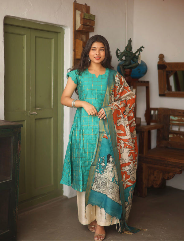 Amudham - Raw Silk 3-Piece Suit Set with Kalamkari Dupatta