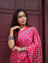 Rani Pink Modal Silk Bagru Print Saree with Mirror Work | Ajrakh Blouse