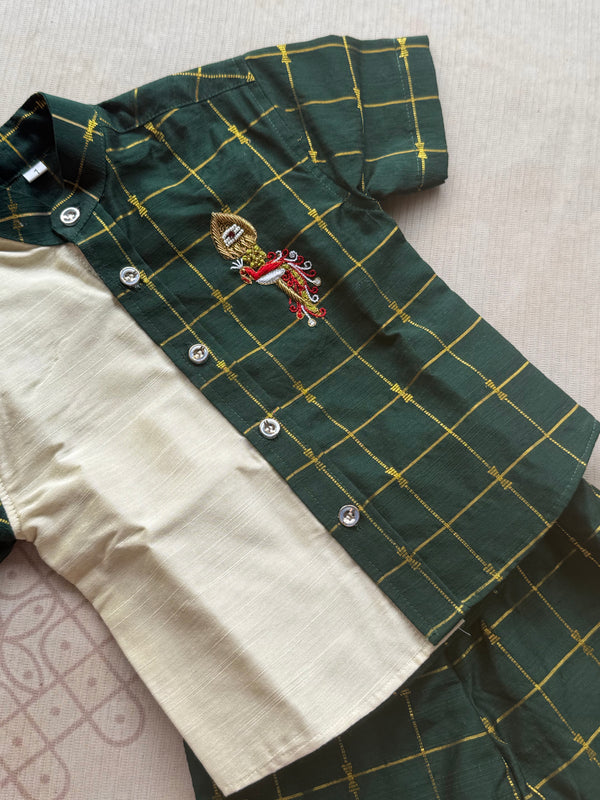 Magilan - Velum Mayilum Hand-Embroidered Boys Shirt & Trouser Set — South Indian Traditional Ethnic Wear Onam Edit
