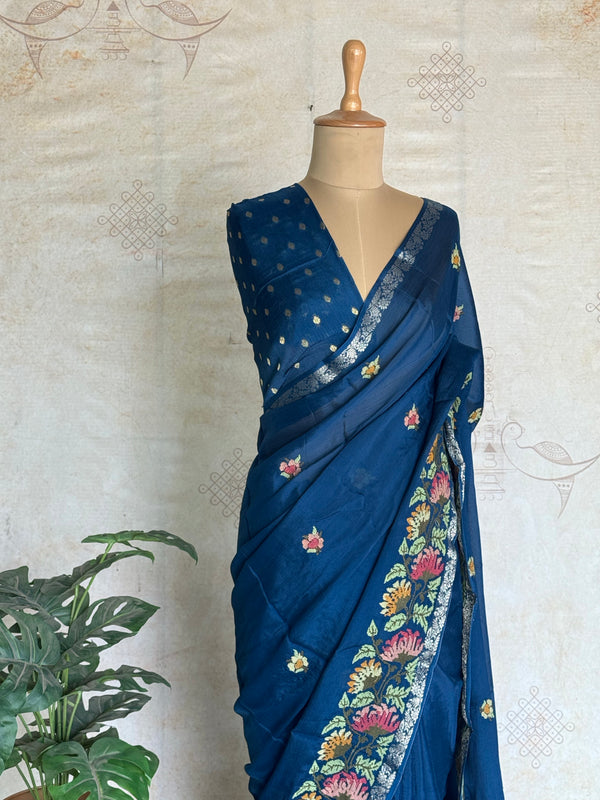 Sadhna - Pure Chiffon Cross Stitch Saree with Floral Embroidered Border & Zari Pallu