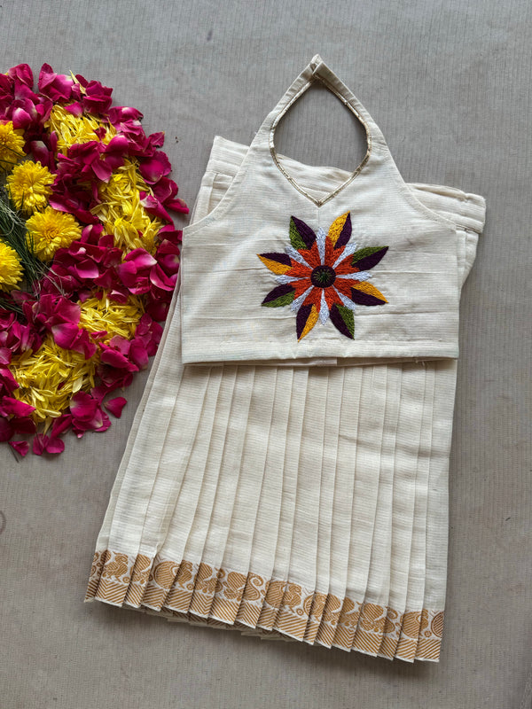 Rangamayi - Crop Top & Pure Cotton Pleated Skirt Set - Onam Edit