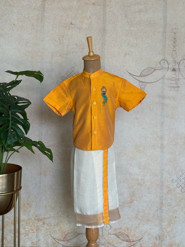 Velum Mayilum Hand-Embroidered Boys Temple Shirt & Dhoti Set — South Indian Traditional Ethnic Wear Vishu Edit