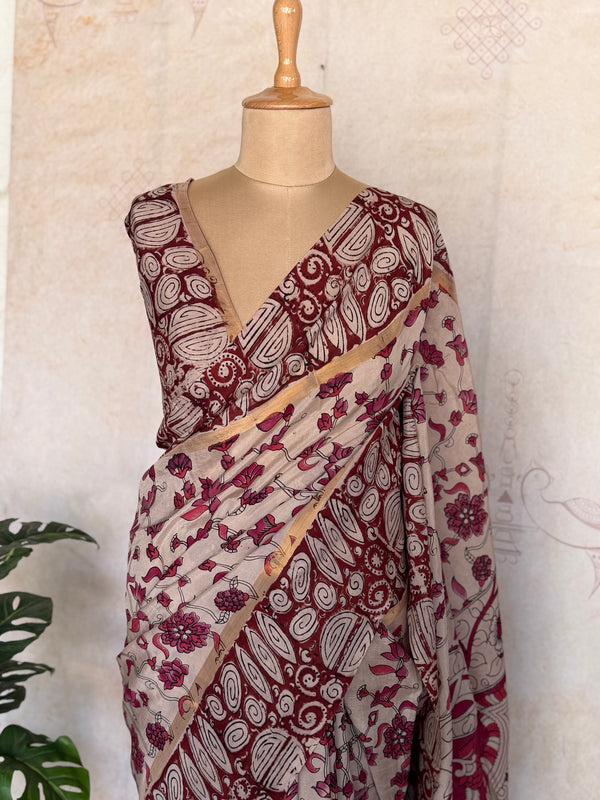 Pure Chennuri Silk Kalamkari Saree – Maroon & Beige Dual Tone