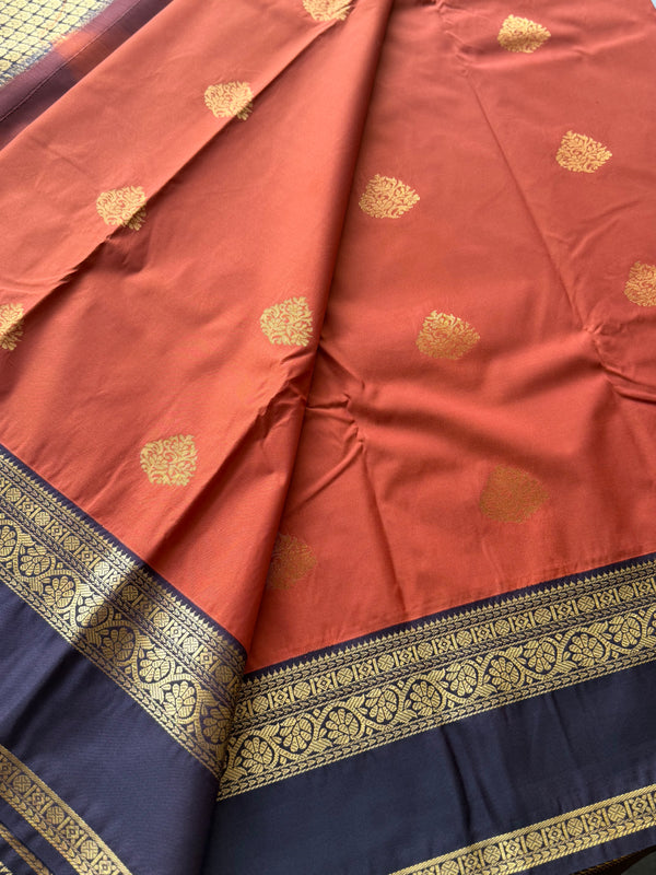 Semi Kanchi Silk Saree – Rust Orange & Deep Purple with Zari Buttas | Retta Petta Border