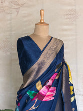 Atharvi - Mushru Silk Saree with Floral Digital Print & Antique Zari Border Blue