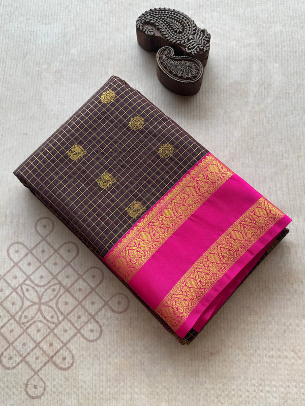 Semi Kanchi Silk Coffee Brown Checkered Saree with Peacock & Rudraksham Buttas