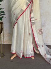 Jivika - Ivory Pure Linen Saree with Hand Embroidery & Red Selvedge