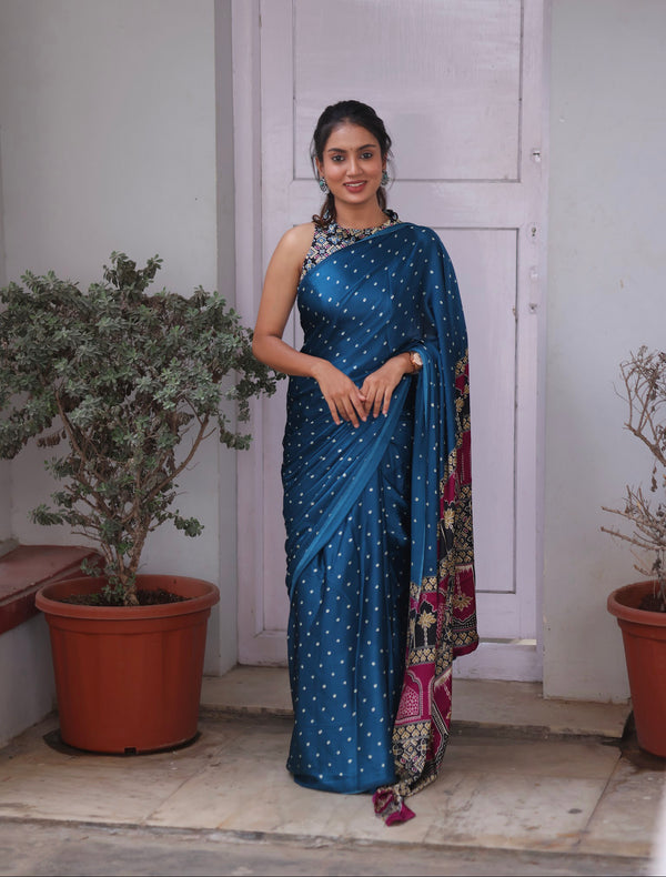 Petrol Blue Modal Saree with Silver Buttas with Ajrakh Pallu