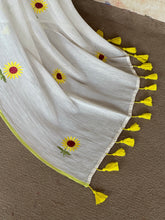 Mul Cotton Saree – Half White with Yellow Floral Embroidery & Contrast Border