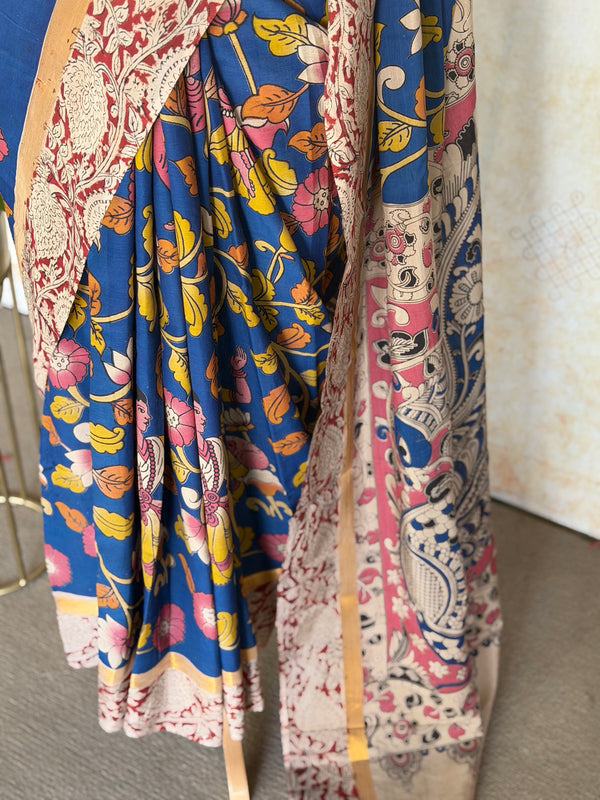 Pure Chennuri Silk Kalamkari Saree – Royal Blue Floral with Peacock Pallu