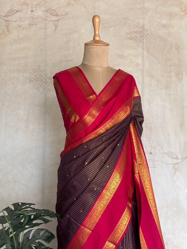 Semi Kanchi Silk Saree – Pink & Brown Checks