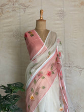 Hand-Painted Floral Kota Cotton Saree with Soft Pink Border