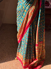 Royal Teal Patola Pashmina Saree with Red Border