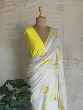 Mul Cotton Saree – Half White with Yellow Floral Embroidery & Contrast Border - Onam Edit