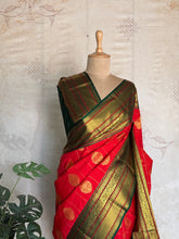 Semi Kanchi Silk Saree – Red with Green Zari Border