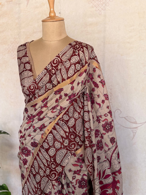 Pure Chennuri Silk Kalamkari Saree – Maroon & Beige Dual Tone