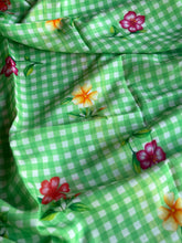 Pure Mangalgiri Silk Light Green Gingham Checks Saree with Floral Digital Prints