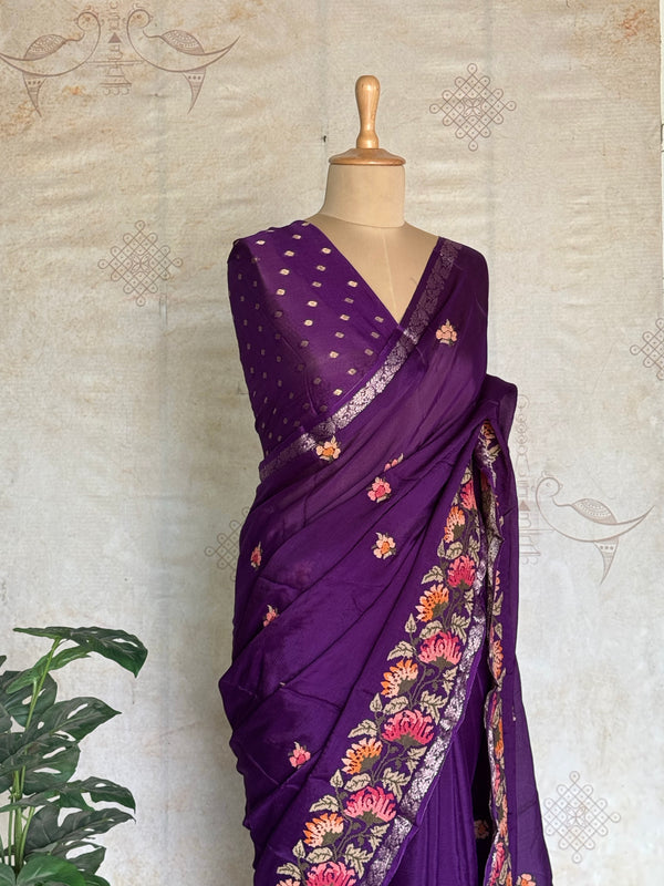 Sadhna - Pure Chiffon Cross Stitch Saree with Floral Embroidered Border & Zari Pallu