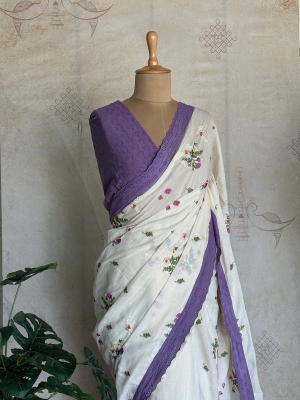 Varnika - Pure Cotton Multi Floral Embroidered Saree with Hakoba Lace - Onam Edit