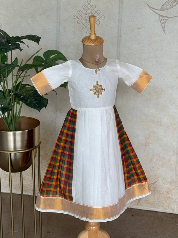 Thendral - Kids A-Line Dress – Kolam Hand Embroidery & Madras Checks