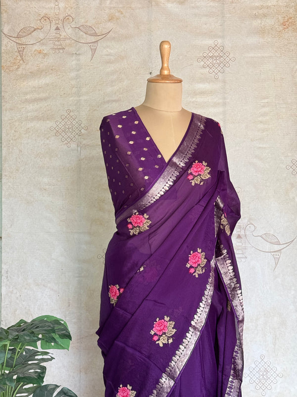 Vandita - Pure Chiffon Saree with Cross Stitch Floral Embroidery