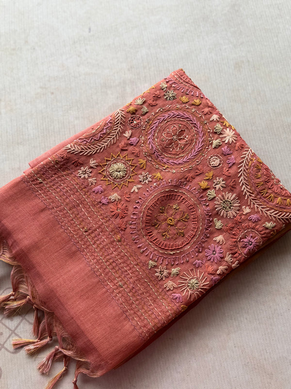 Ceya Linen Saree with Hand Floral Embroidery