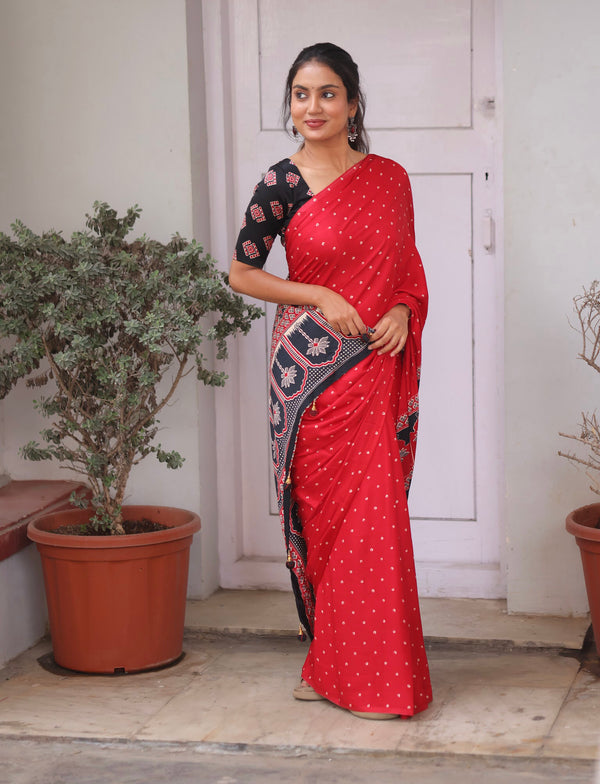 Red Modal Saree with Silver Buttas with Ajrakh Pallu