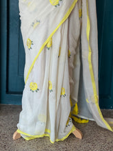 Mul Cotton Saree – half White with Yellow Floral Embroidery & Contrast Border