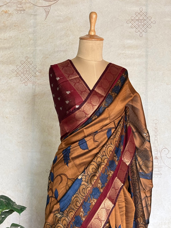 Parijata - Dola Silk With Kalamkari Prints And Zari Border