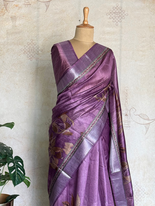 Dhanya - Lavender Bloom Tussar Silk Saree With Digital Floral Print