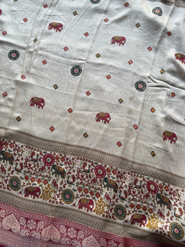 Banarasi Zari Striped Saree with Kalamkari Border & Matching Butta Blouse