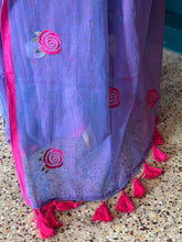 Mul Cotton Saree – Purple with Pink Floral Embroidery & Contrast Border