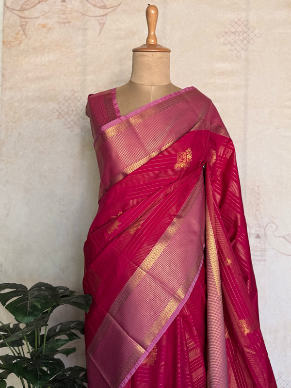 Rani Pink Semi Kanchi Silk Saree with Zari Pallu | Studio Virupa
