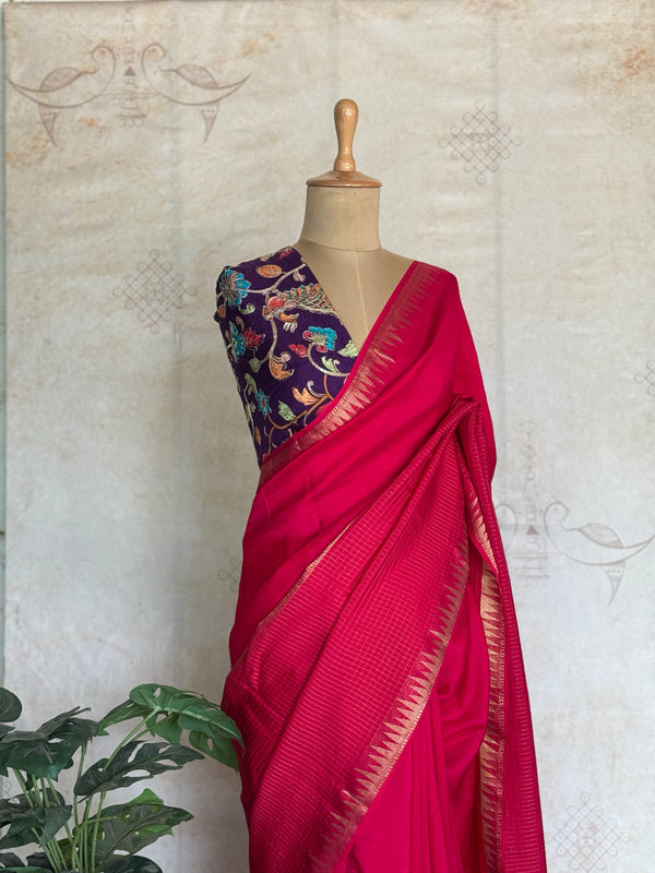 Chandrika - Fuchsia Matka Silk Saree with Zari Checks & Temple Border