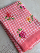 Pure Mangalgiri Silk Peach Gingham Checks Saree with Floral Digital Prints