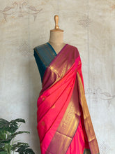 Semi Kanchi Silk Saree – Coral Pink with Teal Blue Pallu