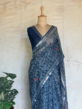 Indigo Kota Cotton Saree with Embroidered Floral Details