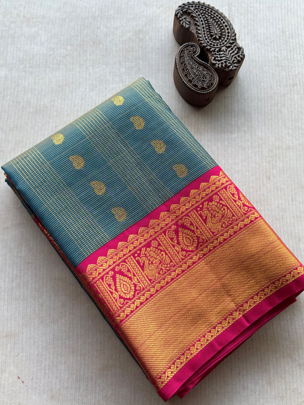 Midnight Teal Semi Kanchi Silk Saree with Magenta Zari Border