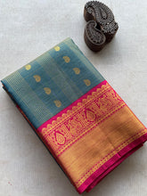 Midnight Teal Semi Kanchi Silk Saree with Magenta Zari Border