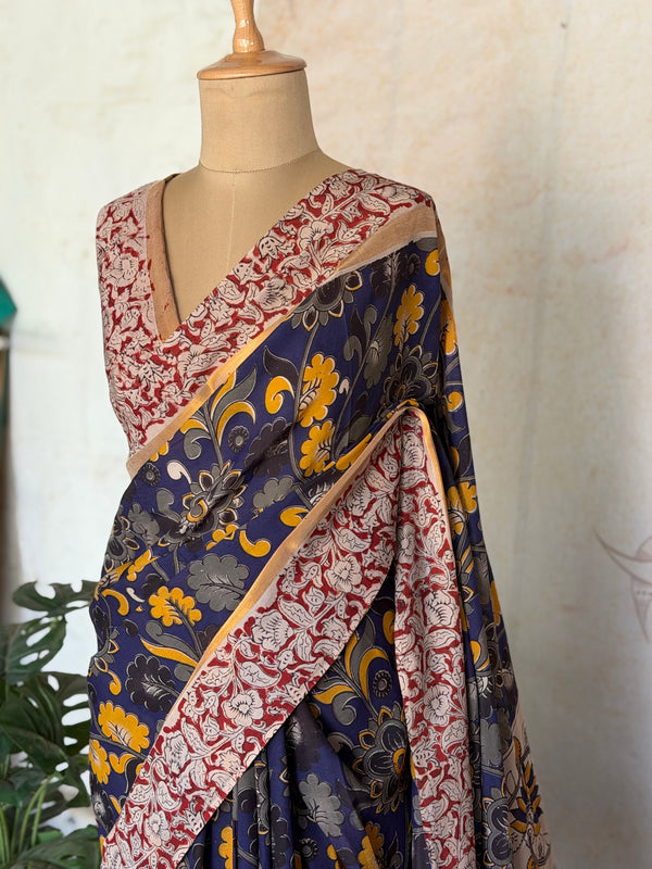 Pure Chennuri Silk Kalamkari Saree with Zari Border & Peacock Pallu