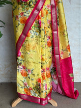 Digital Print Mangalgiri Silk Saree in Sunlit Yellow & Rani Pink