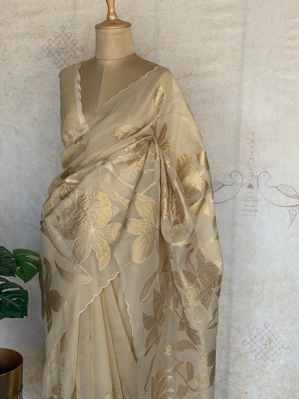 Kota silk Saree with Gold Floral Appliqué Border | Handcrafted Appliqué Work Saree