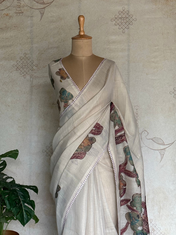 Shraddha - Linen Floral Applique Saree — Hakoba Lace Border