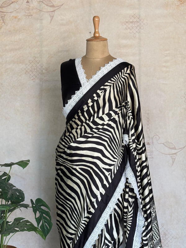 Modal Zebra Print Saree with Hakoba Lace Border