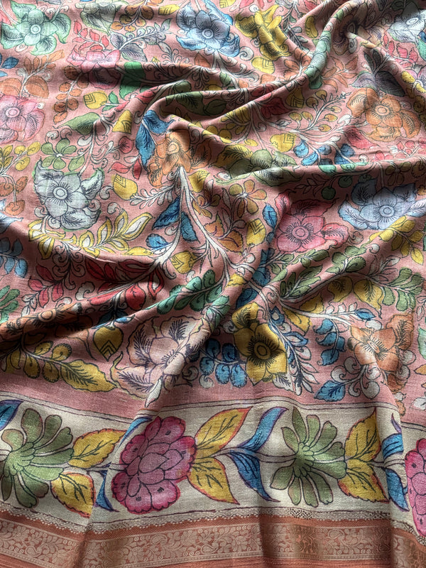 Gulmohar - Pen Kalamkari Tussar Silk Saree with Zari Border & Artistic Pallu