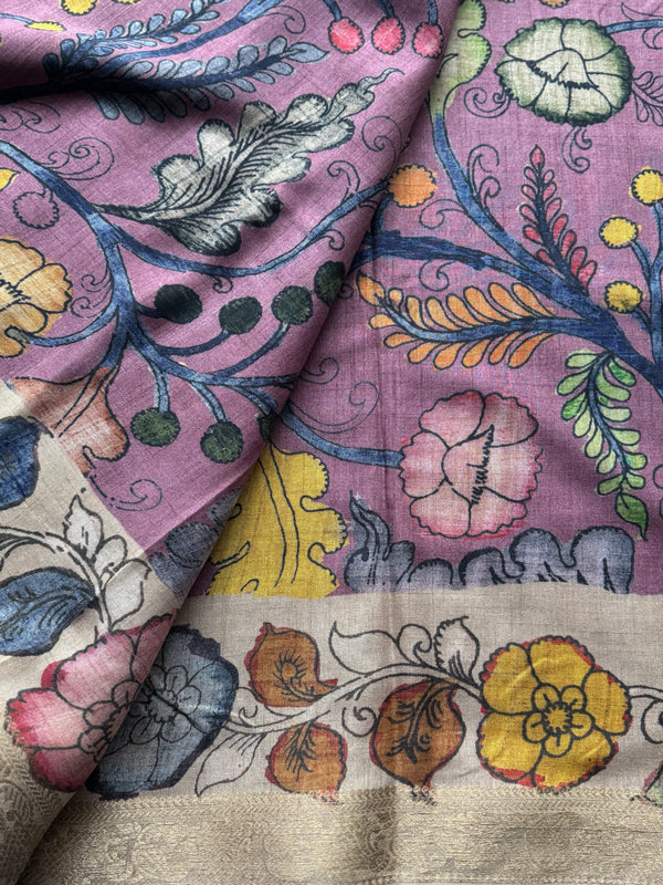Gulmohar - Pen Kalamkari Tussar Silk Saree with Zari Border & Artistic Pallu