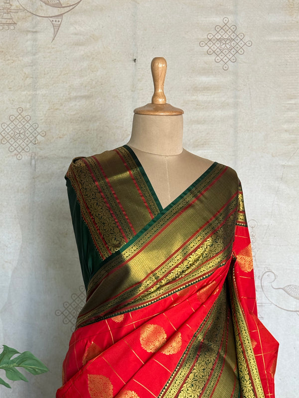 Semi Kanchi Silk Saree – Red with Green Zari Border