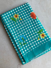 Pure Mangalgiri Silk Aqua Blue Gingham Checks Saree with Floral Digital Prints