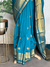 Semi Kanchi Silk Saree – Teal Blue & Gold Saree
